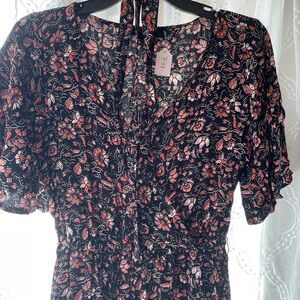 Sanctuary Floral Jumpsuit Size S | Black Pink Print | Tie-Neck Wide Leg